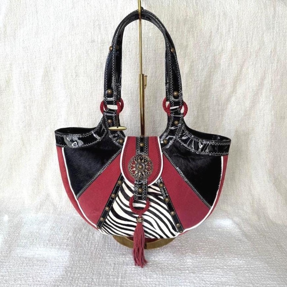 Vintage Mary Frances‎ Zebra Print Suede Shoulder Bag with Brass Studs